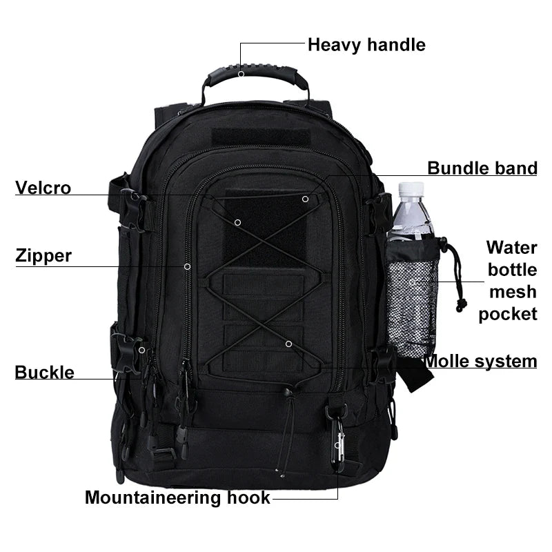 Grande capacidade 40l 65l ao ar livre tático militar mochila viagem caminhadas acampamento ferramenta de pesca mochila para homens